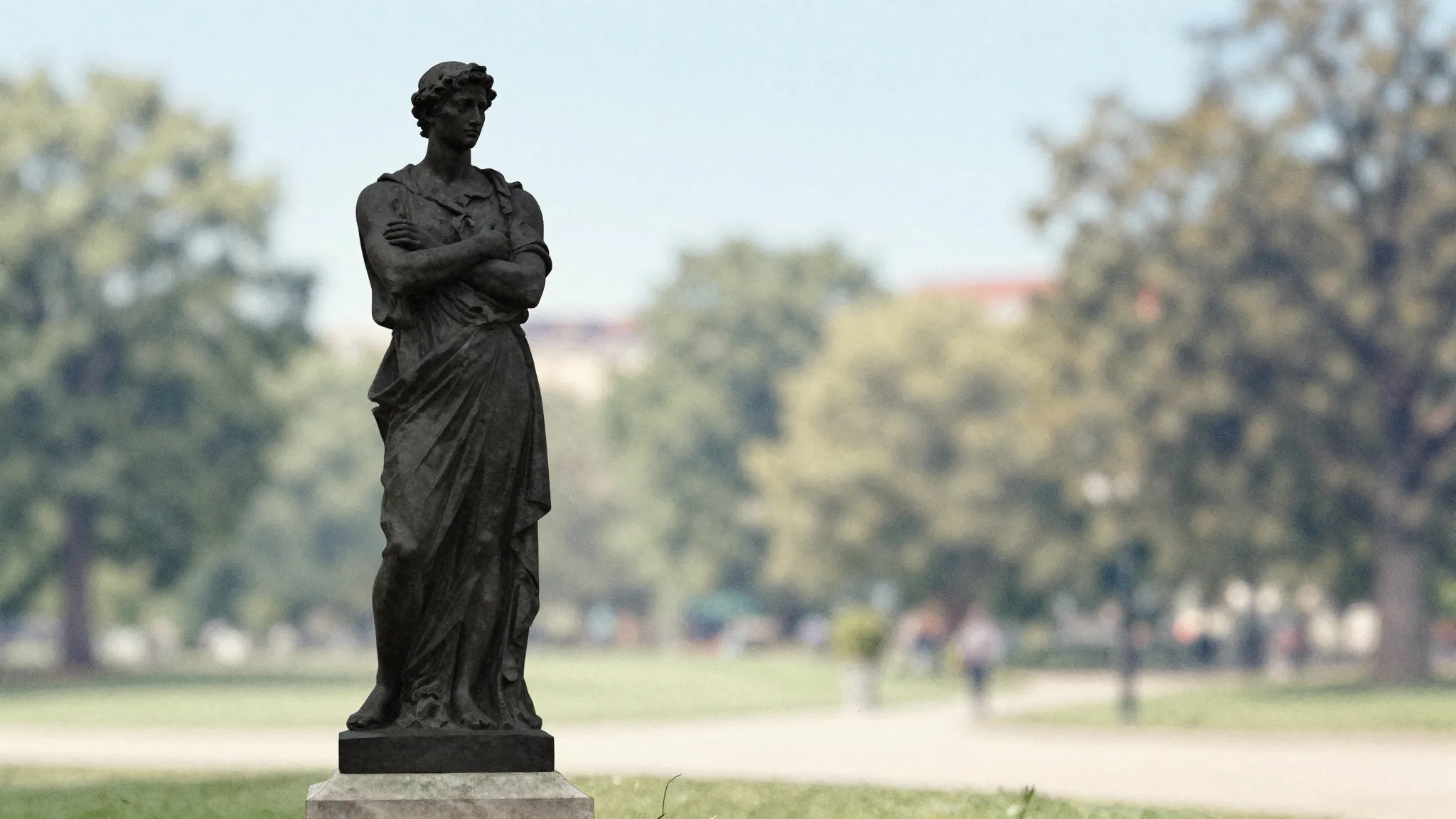 Watercolor style. A dark silhouette of a classic statue stan...