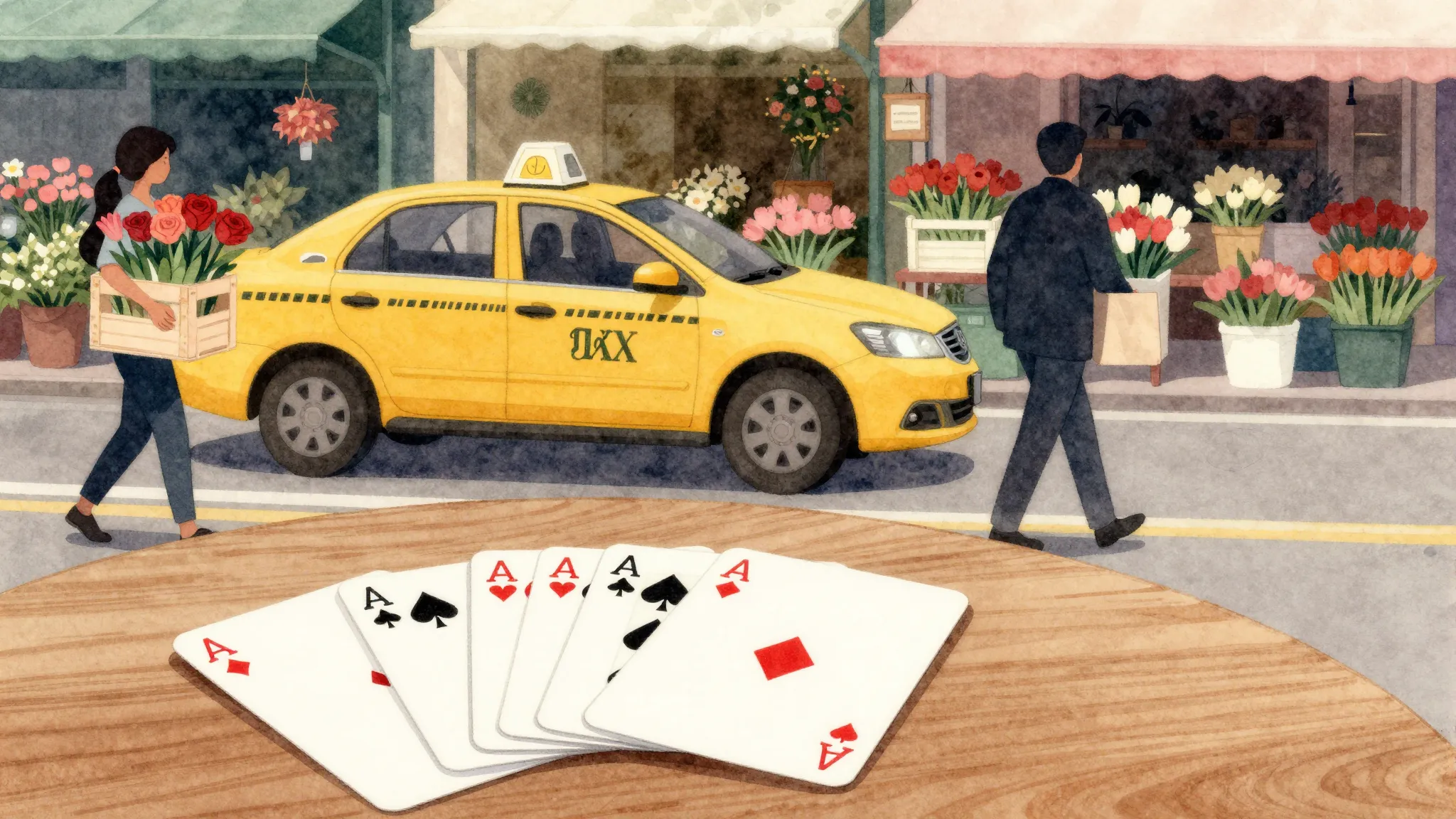Watercolor style. A yellow taxi car parked near a busy flowe...