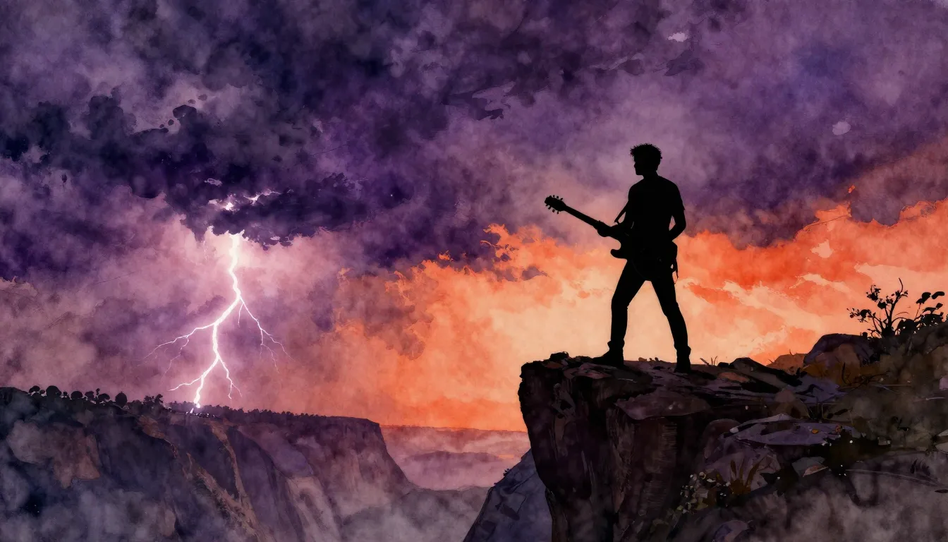 Watercolor style. Silhouette of a lone guitarist standing on...