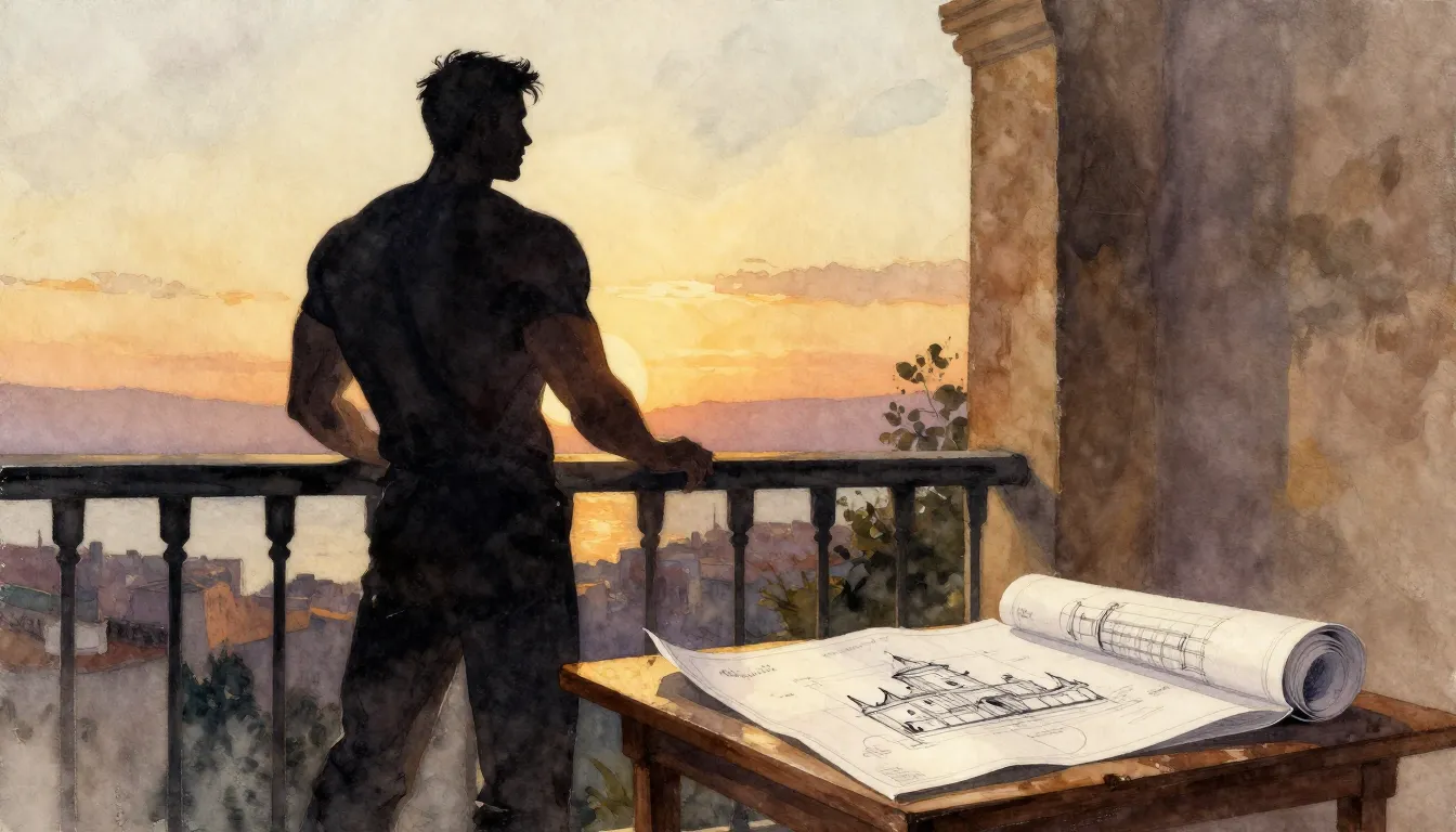 Watercolor style. A silhouette of a strong man standing on a...