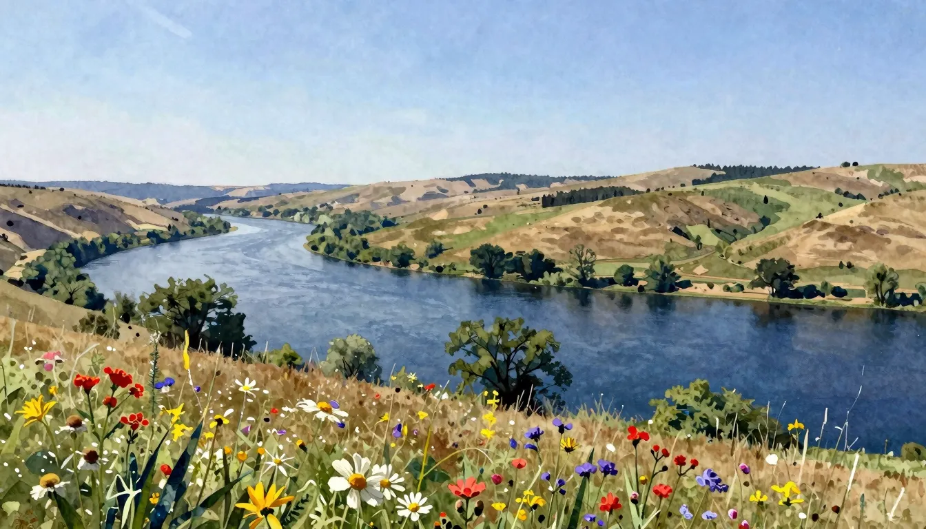 Watercolor style. Panoramic view of rolling hills and a wide...
