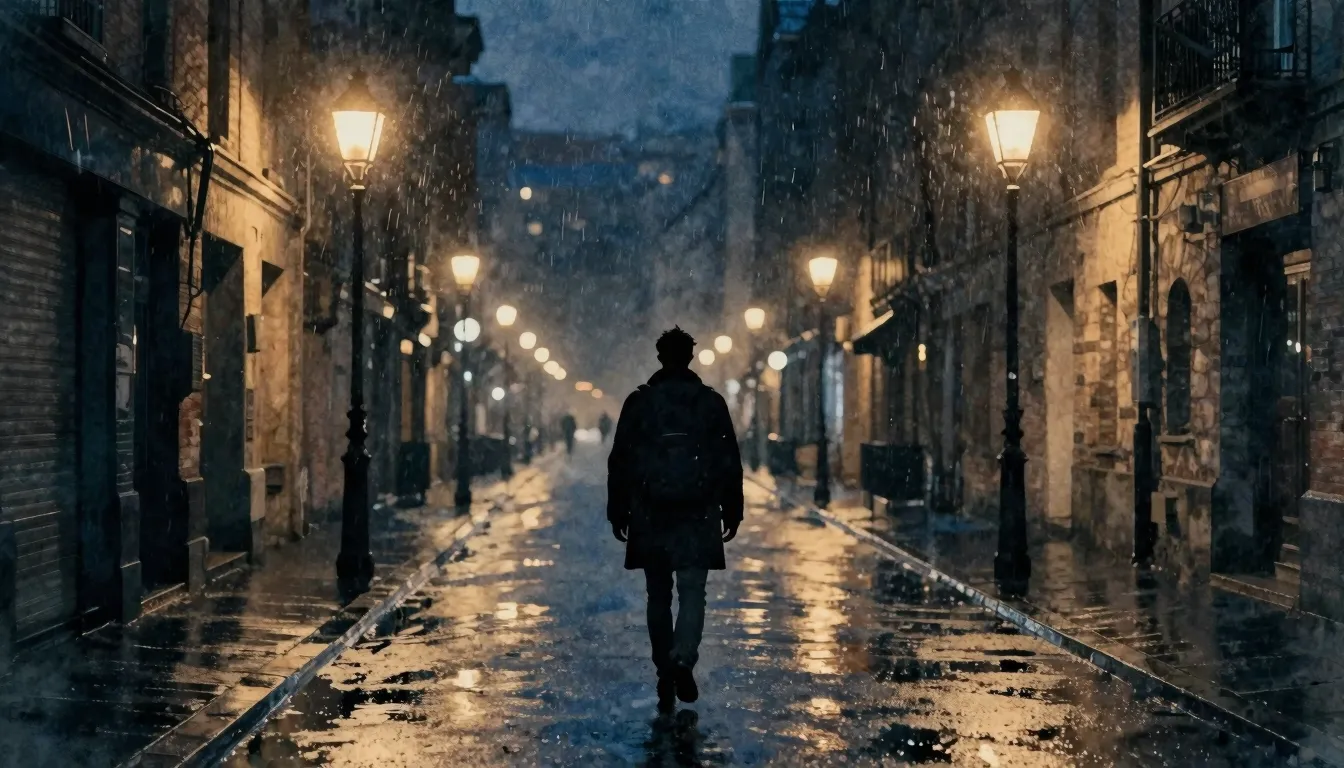 Watercolor style. A lonely silhouette of a man walking away ...