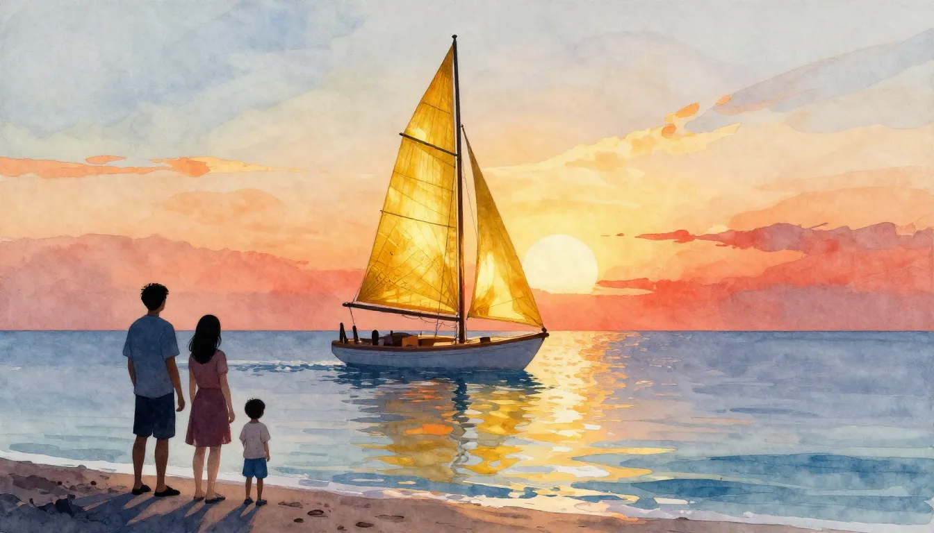 Vibrant watercolor style. A golden sailboat on a calm sea at...