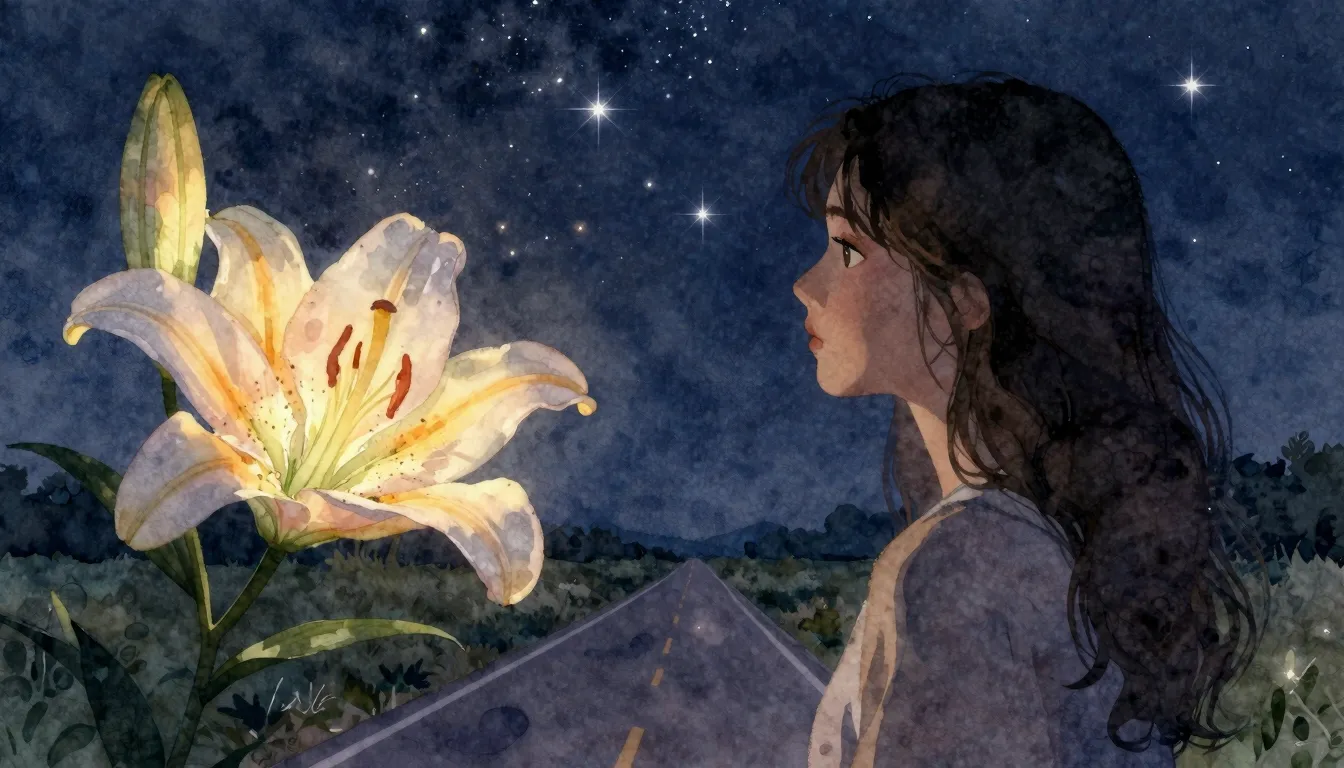 Watercolor style. A silhouette of a woman looking at a bloom...