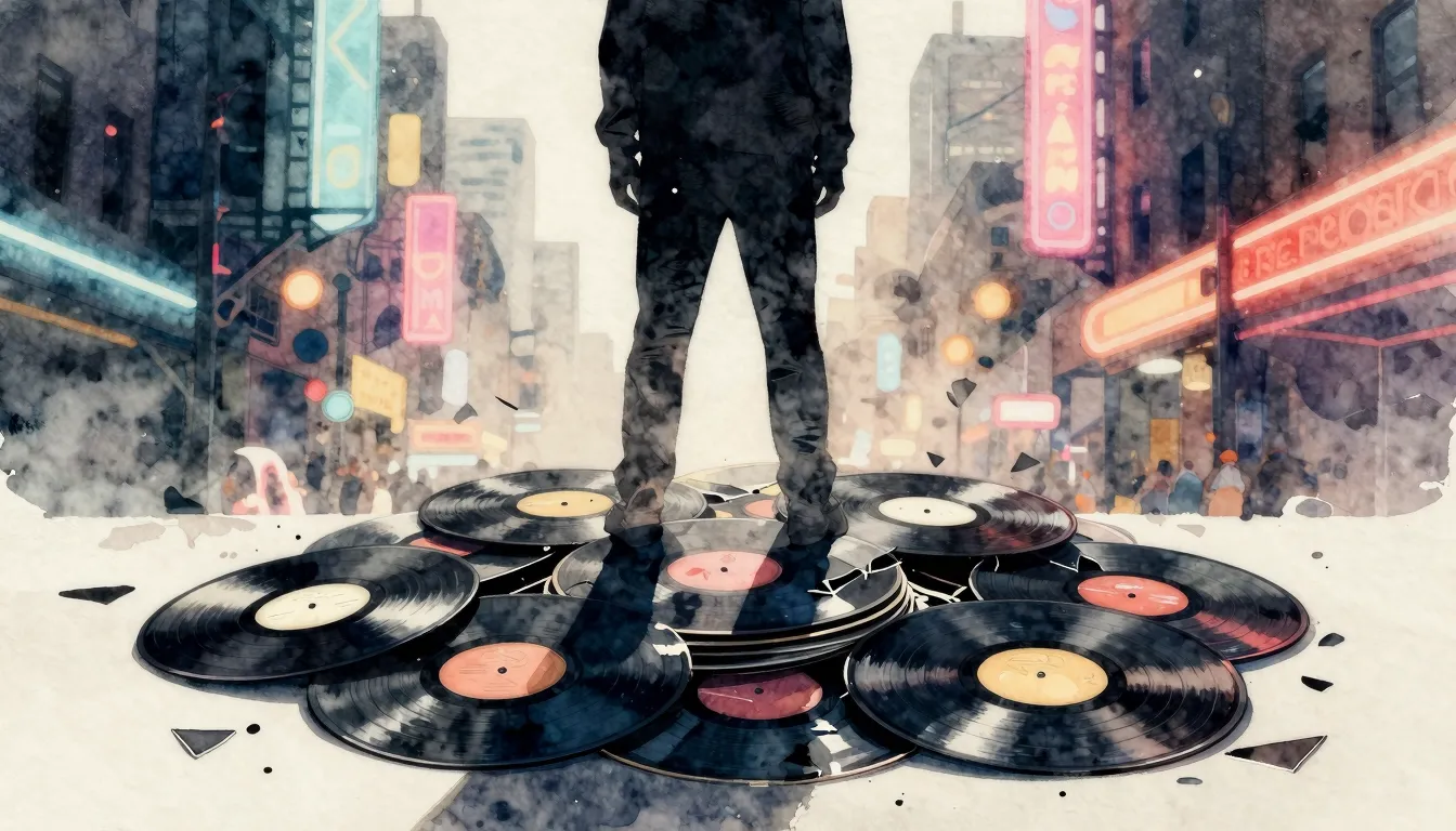Watercolor style. A dark silhouette of a figure standing on ...