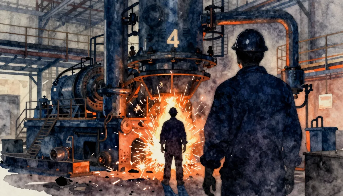 Watercolor style. A dark silhouette of a factory worker stan...