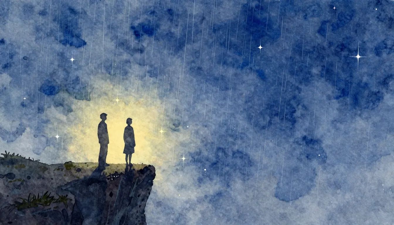 Watercolor style. Two dark silhouettes standing at the edge ...