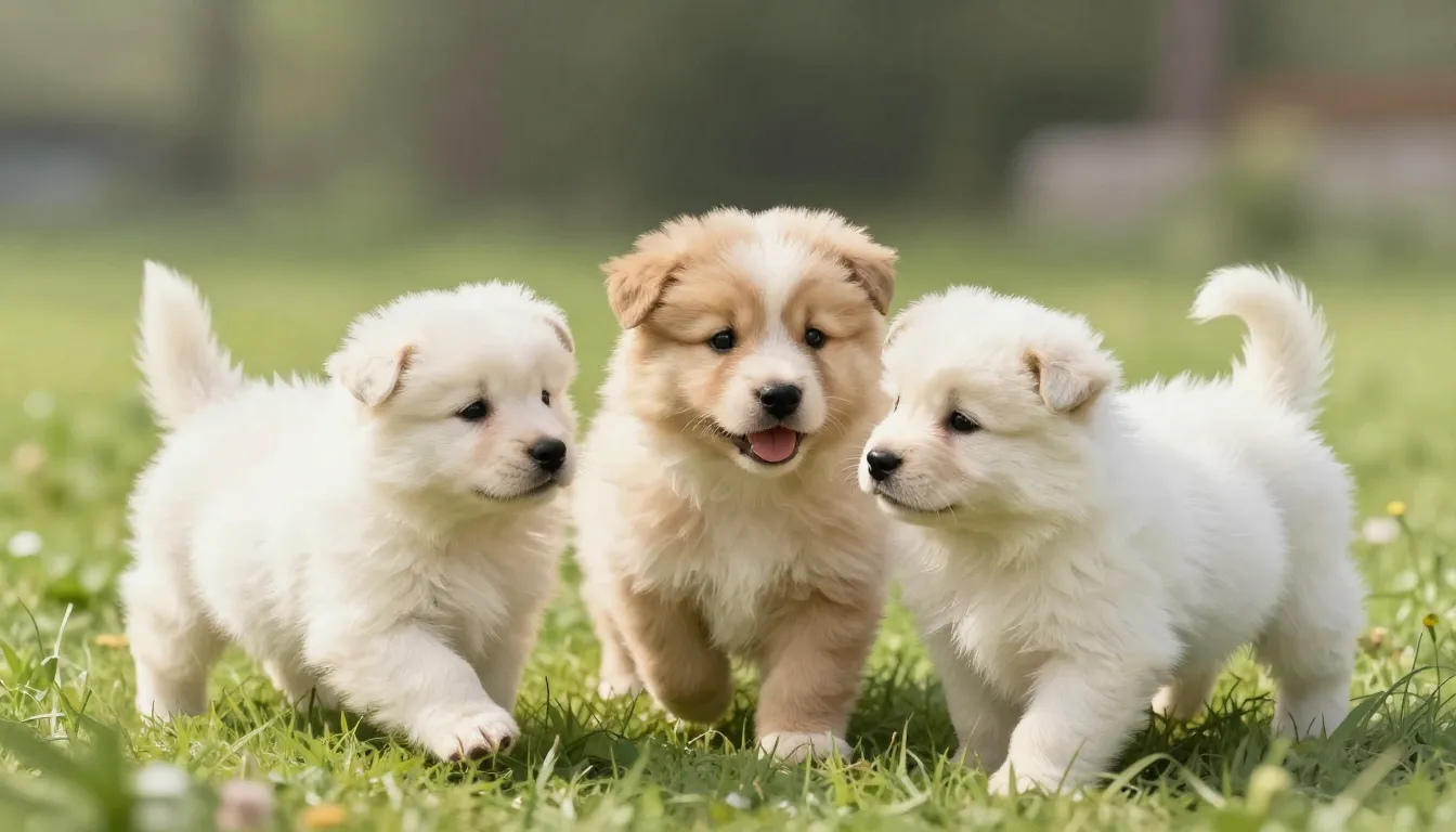 Watercolor style. A group of fluffy white and tan Central As...