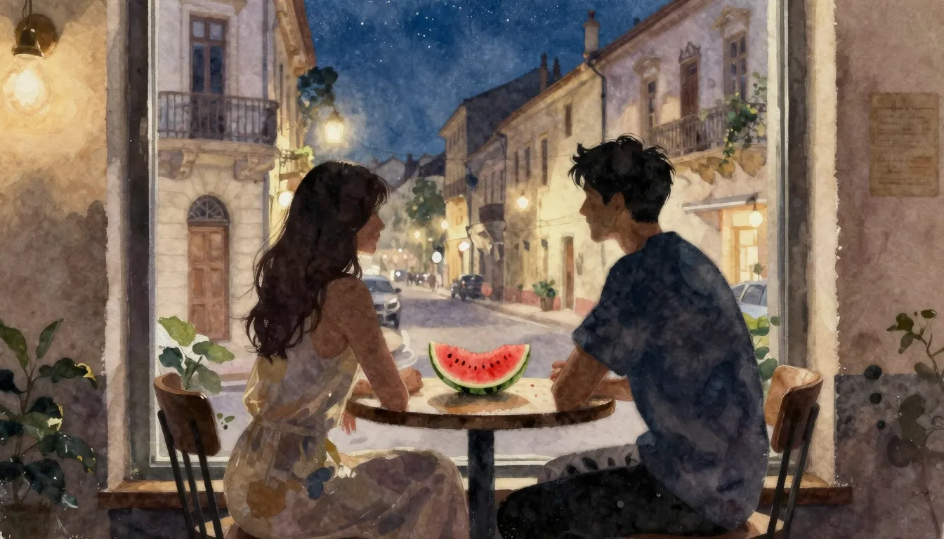 Watercolor style. A silhouette of a couple sitting at a smal...