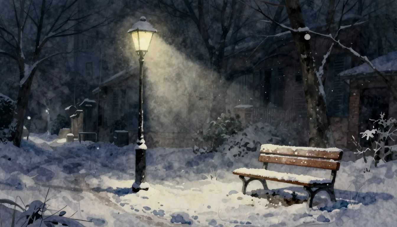 Watercolor style. A lonely street lamp lighting up a snowy d...