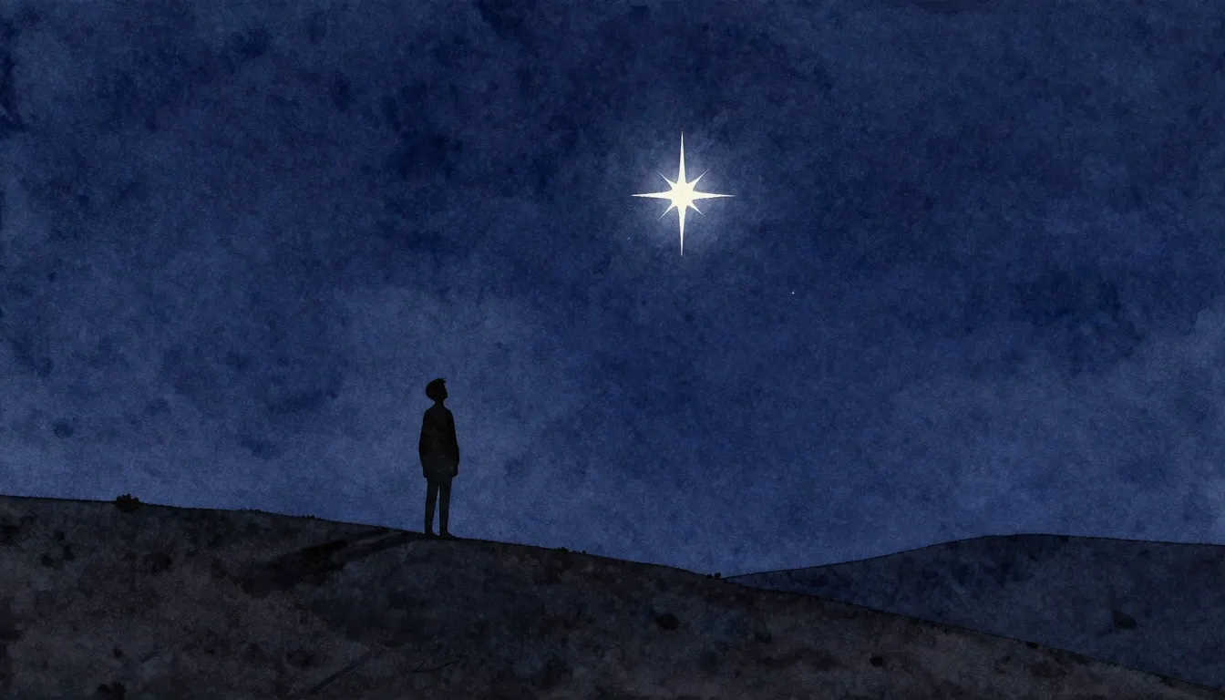 Watercolor style. A lone silhouette of a person standing on ...