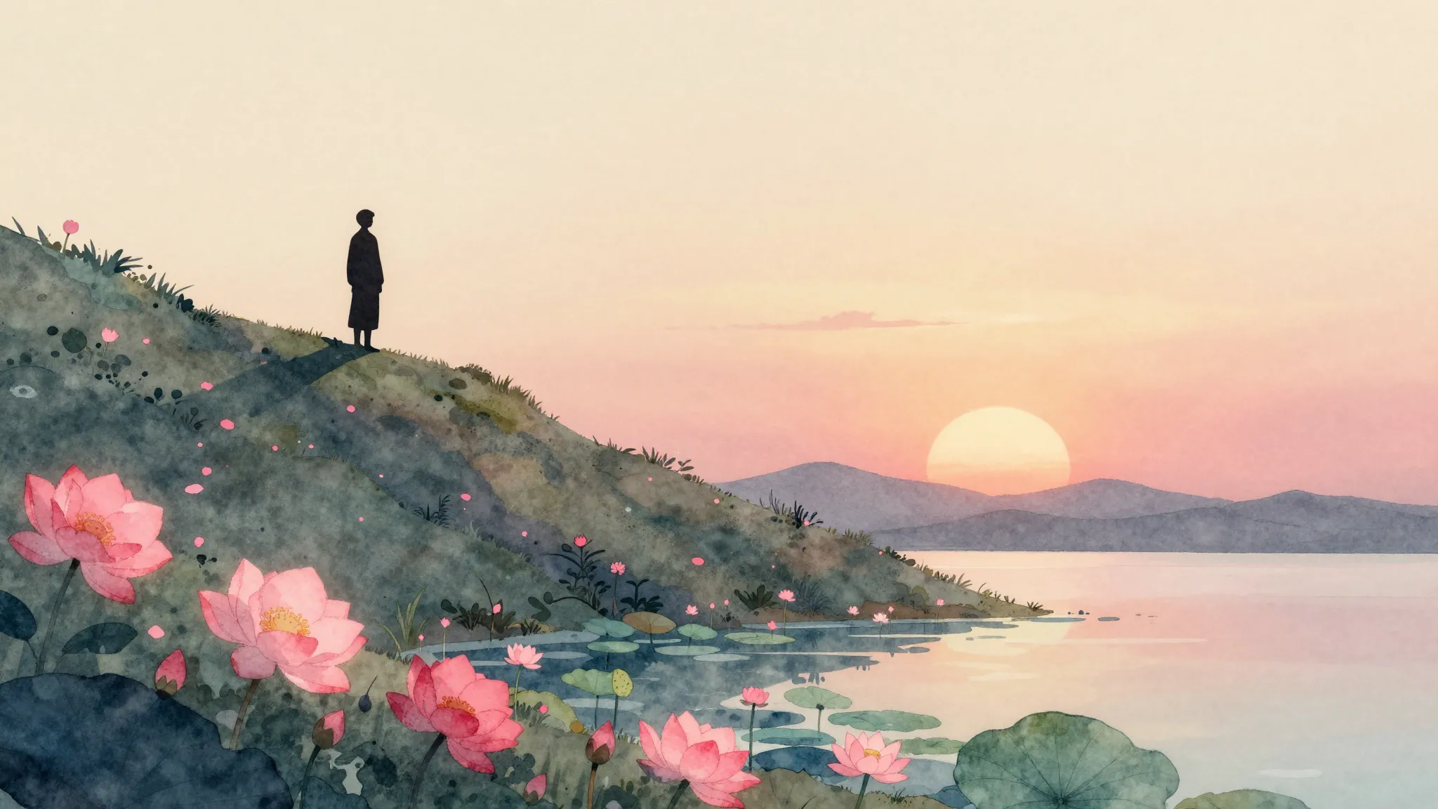 Watercolor style. Silhouette of a person on a high hill, pin...