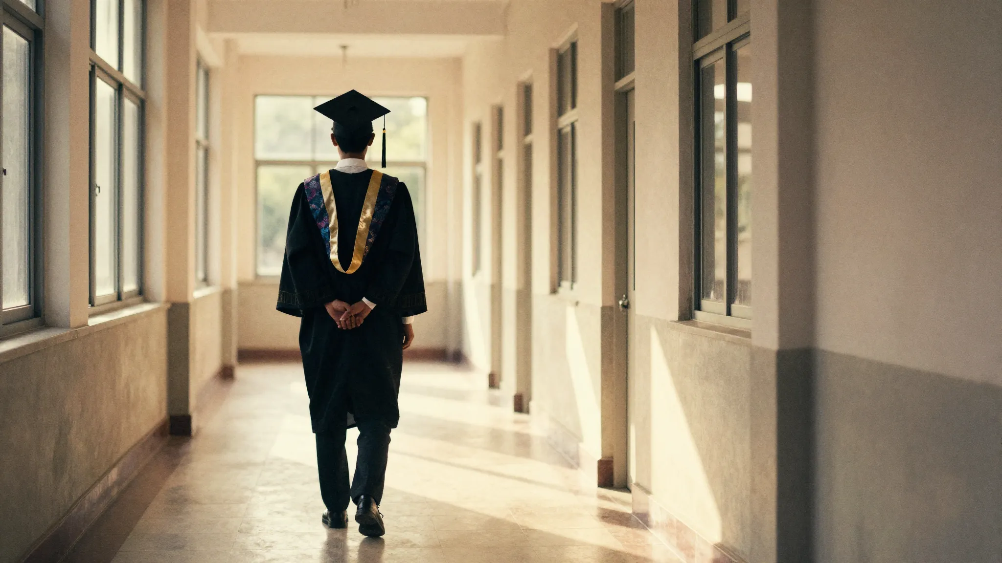 Watercolor style. A silhouette of a lone graduate standing i...