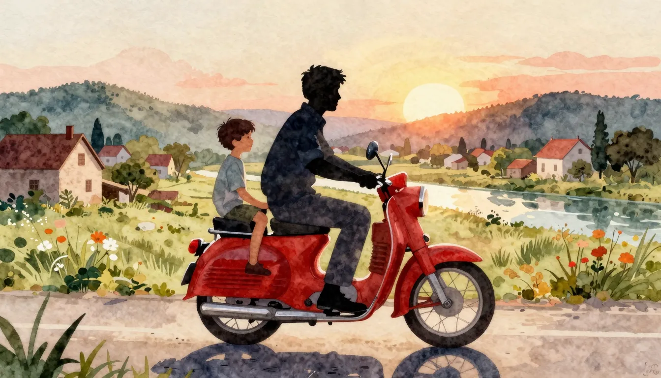 Watercolor style. A silhouette of a father and a young son o...