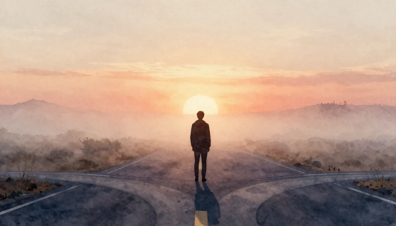 Watercolor style. A cinematic wide shot of a fork in a misty...