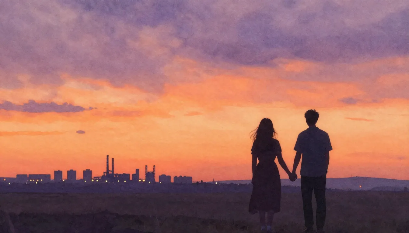 Watercolor style. A silhouette of a couple holding hands aga...