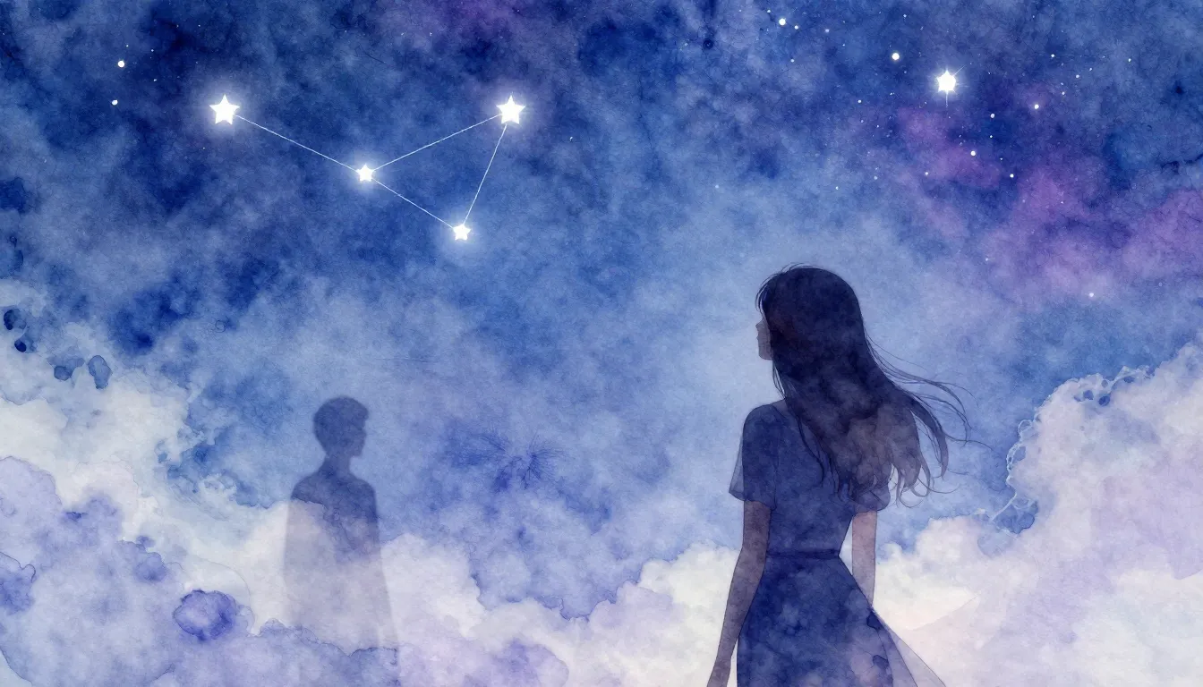 Watercolor style. A silhouette of a woman looking at a starr...