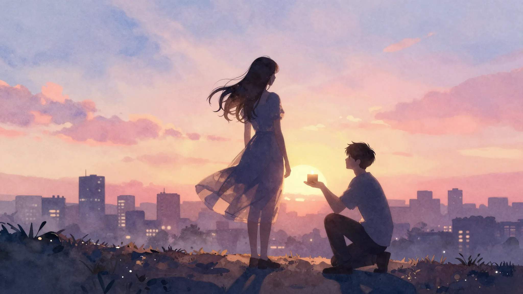 Watercolor style. A silhouette of a young woman in a flowing...