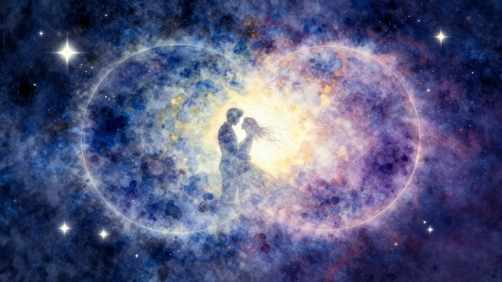Vibrant watercolor style. Romantic, cosmic, abstract, annive...