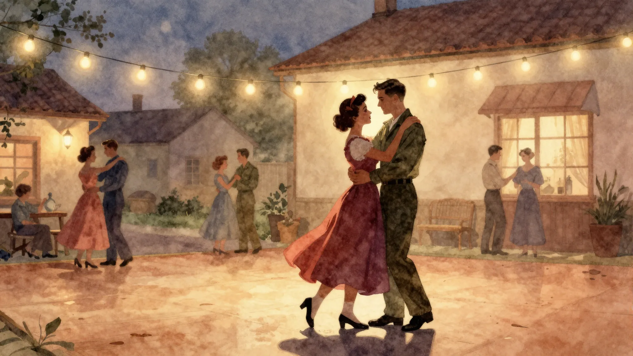 Watercolor style. A warm, nostalgic scene of a 1950s dance f...