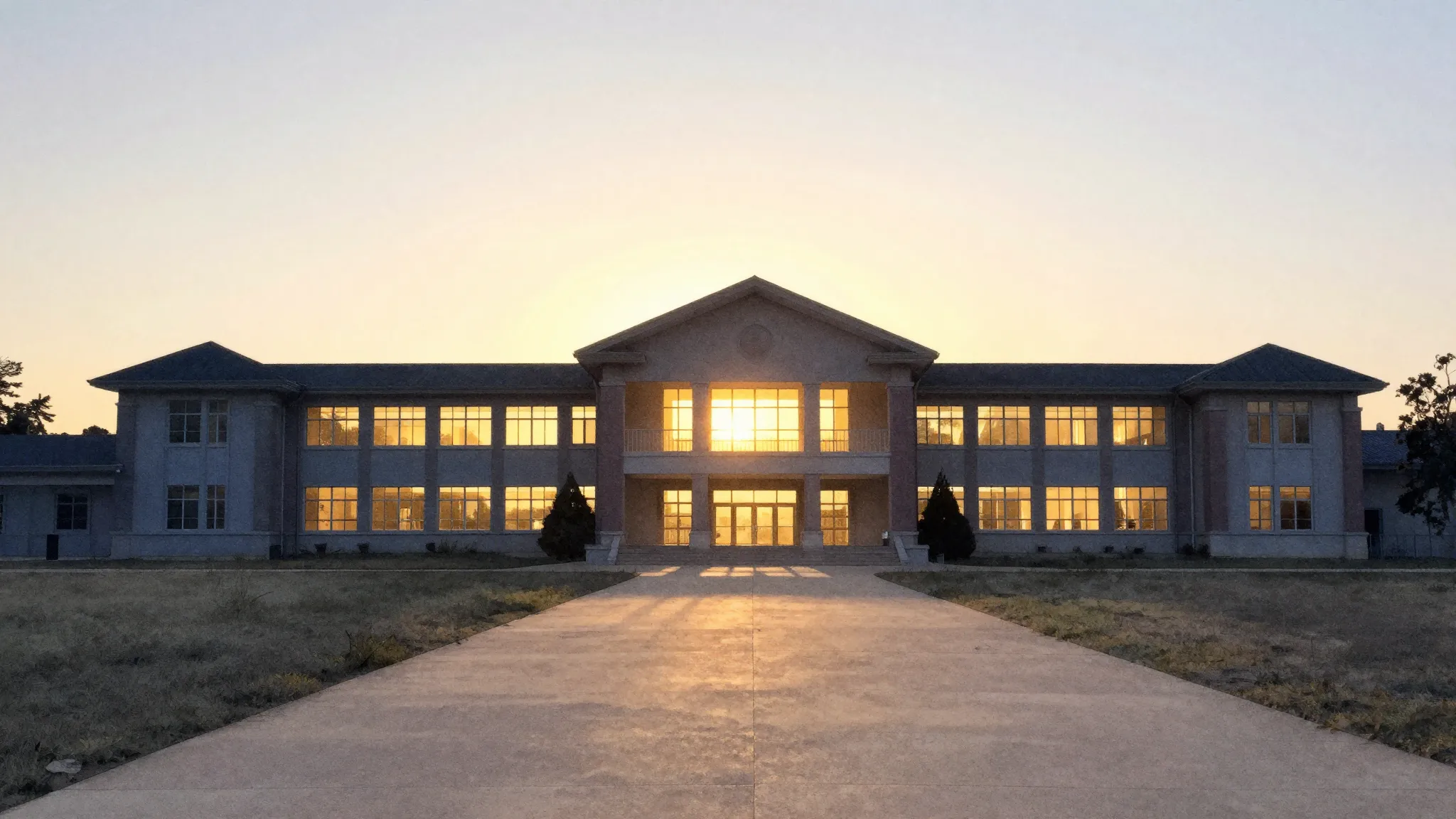 Watercolor style. A silhouette of a large school building at...