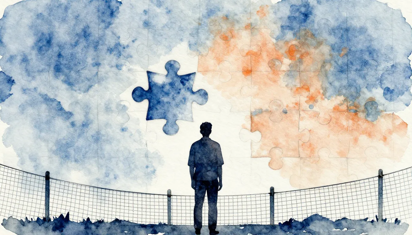 Watercolor style. A silhouette of a person standing before a...