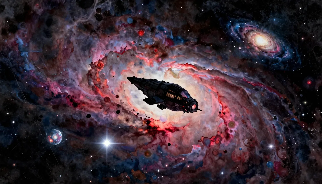 Watercolor style. A lone spaceship silhouette drifting throu...