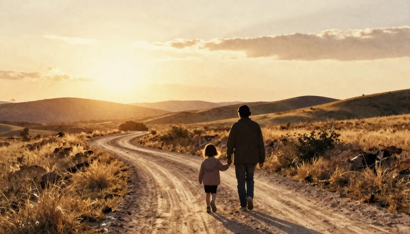 Watercolor style. Silhouette of a parent and child walking o...