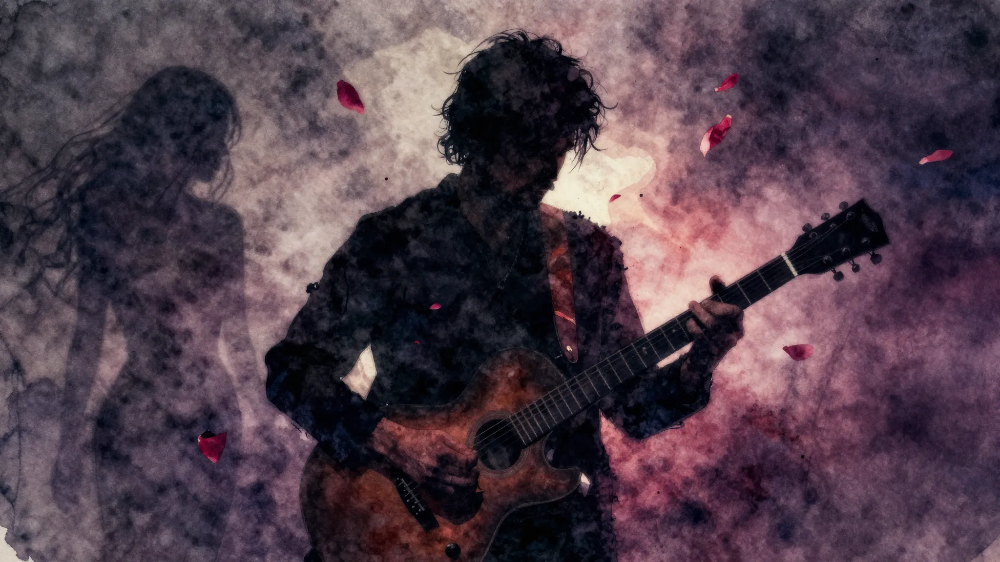 Vibrant watercolor style. Dark, moody rap album cover. Silho...