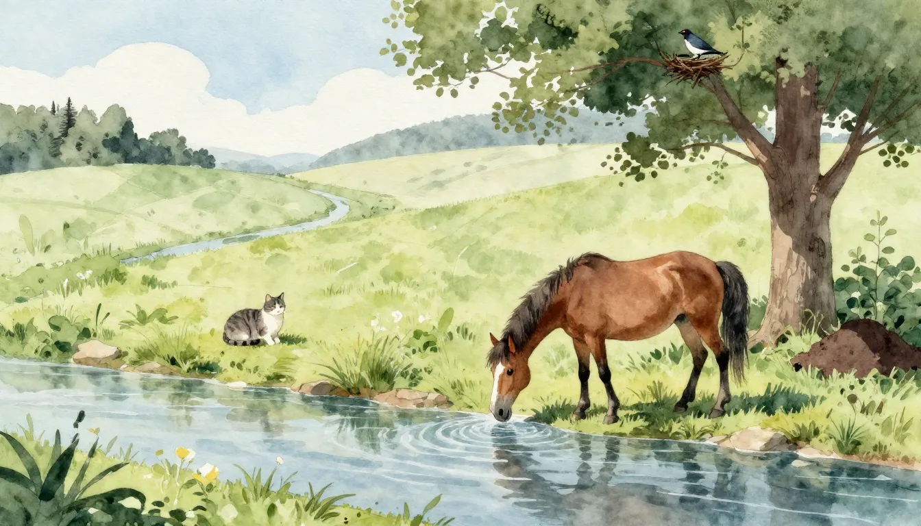 Watercolor style. A serene landscape with a horse drinking f...