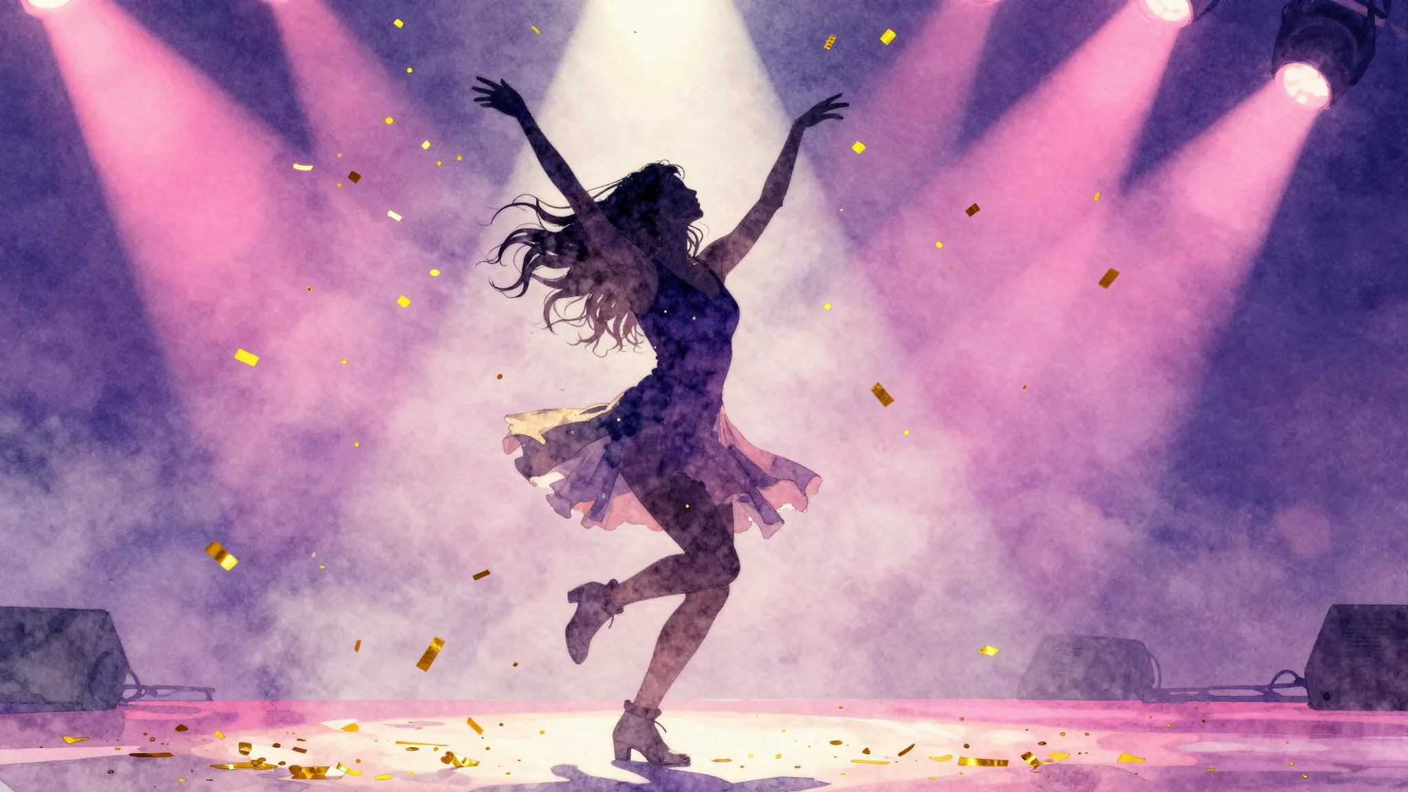 Watercolor style. A silhouette of a woman dancing under a sh...