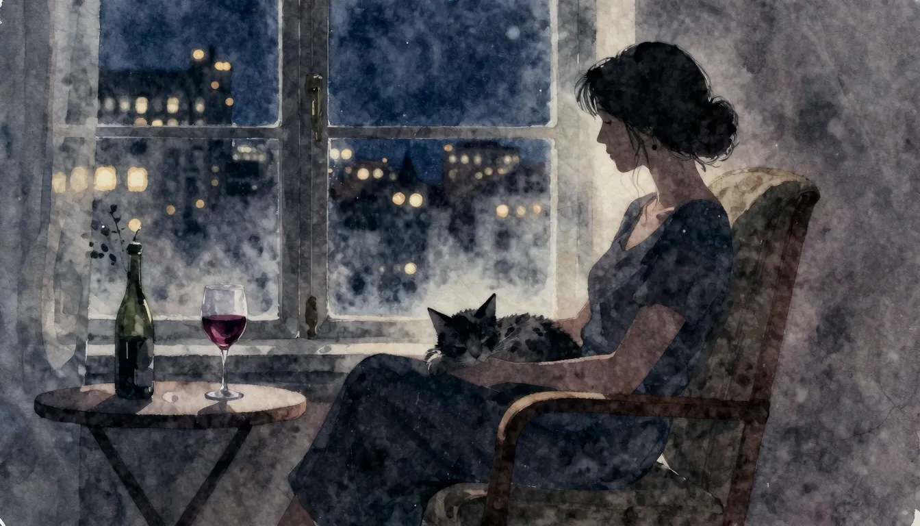 Watercolor style. A silhouette of a woman sitting in an armc...