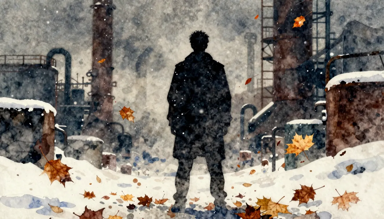 Watercolor style. A dark silhouette standing in a storm of a...