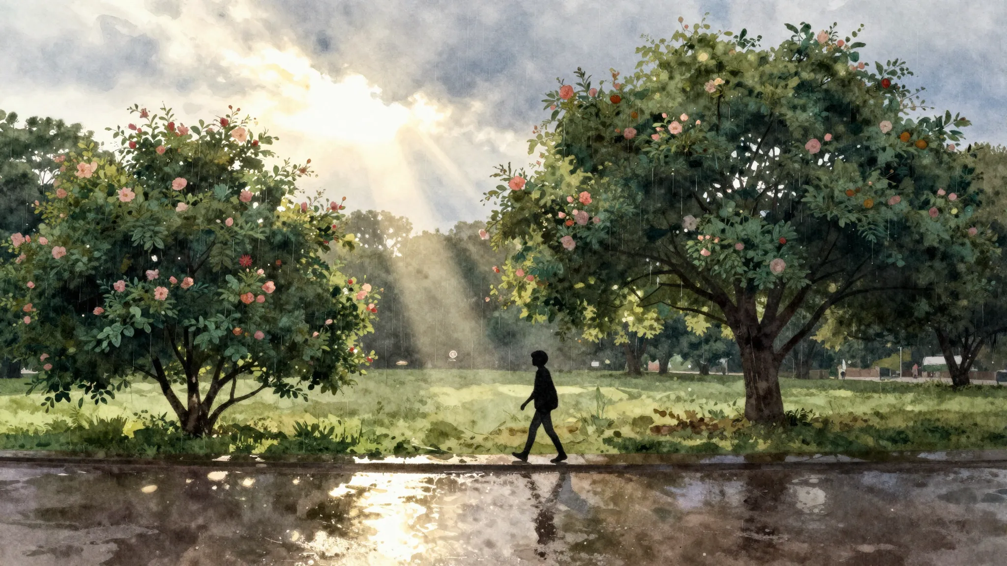 Watercolor style. Silhouette of a person walking in a park a...