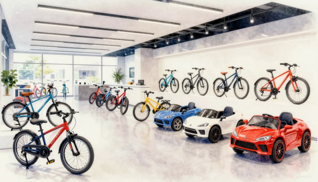 Watercolor style. A modern bicycle showroom with a wide vari...