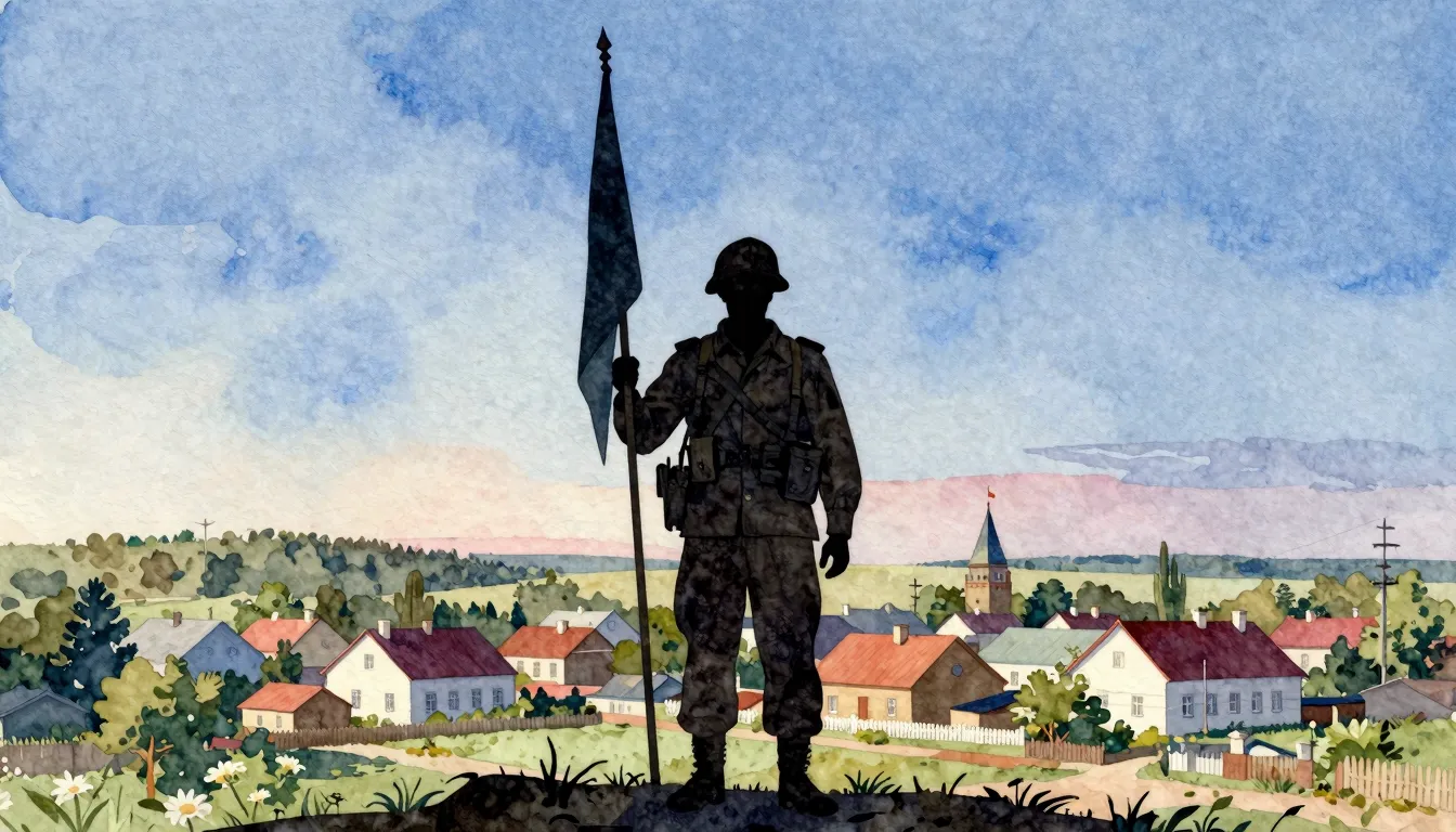 Vibrant watercolor style. A solemn, patriotic cover. A silho...