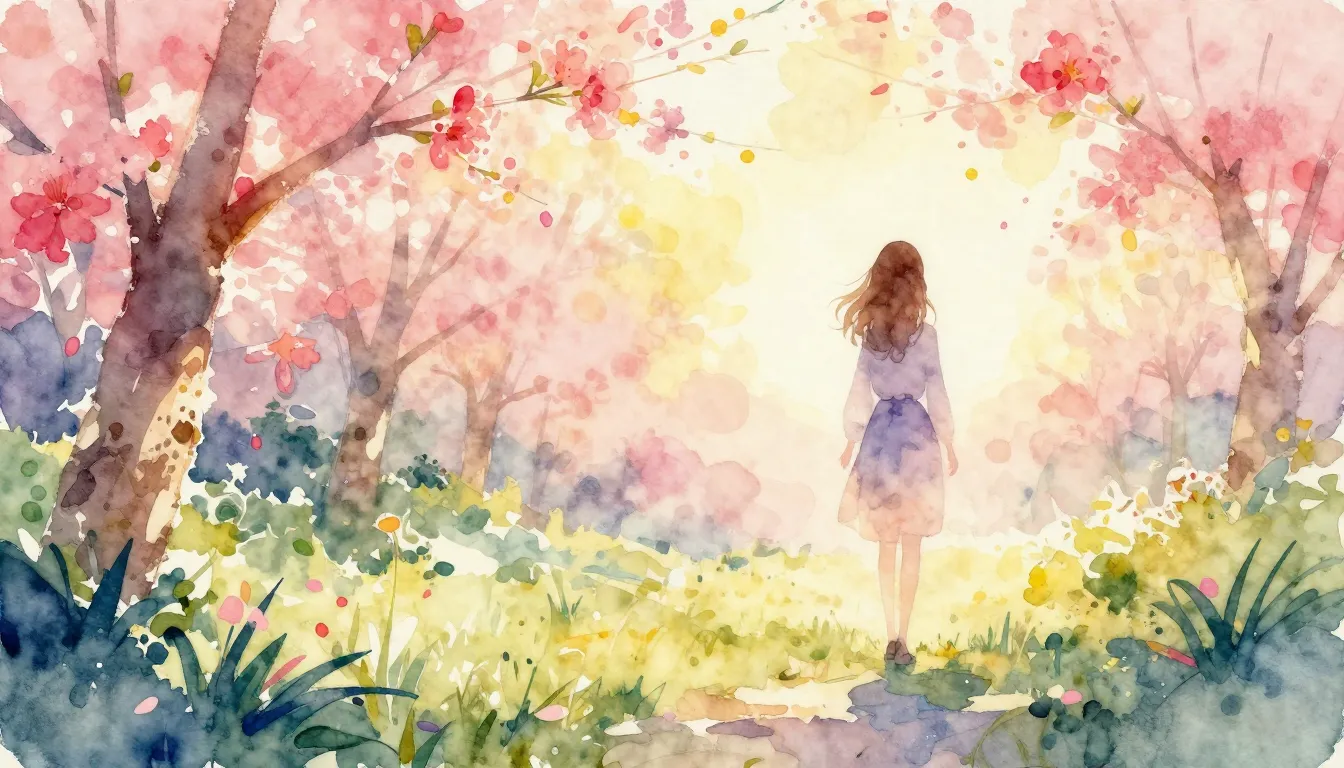 Vibrant watercolor style. Spring, warmth, gentle sun, bloomi...