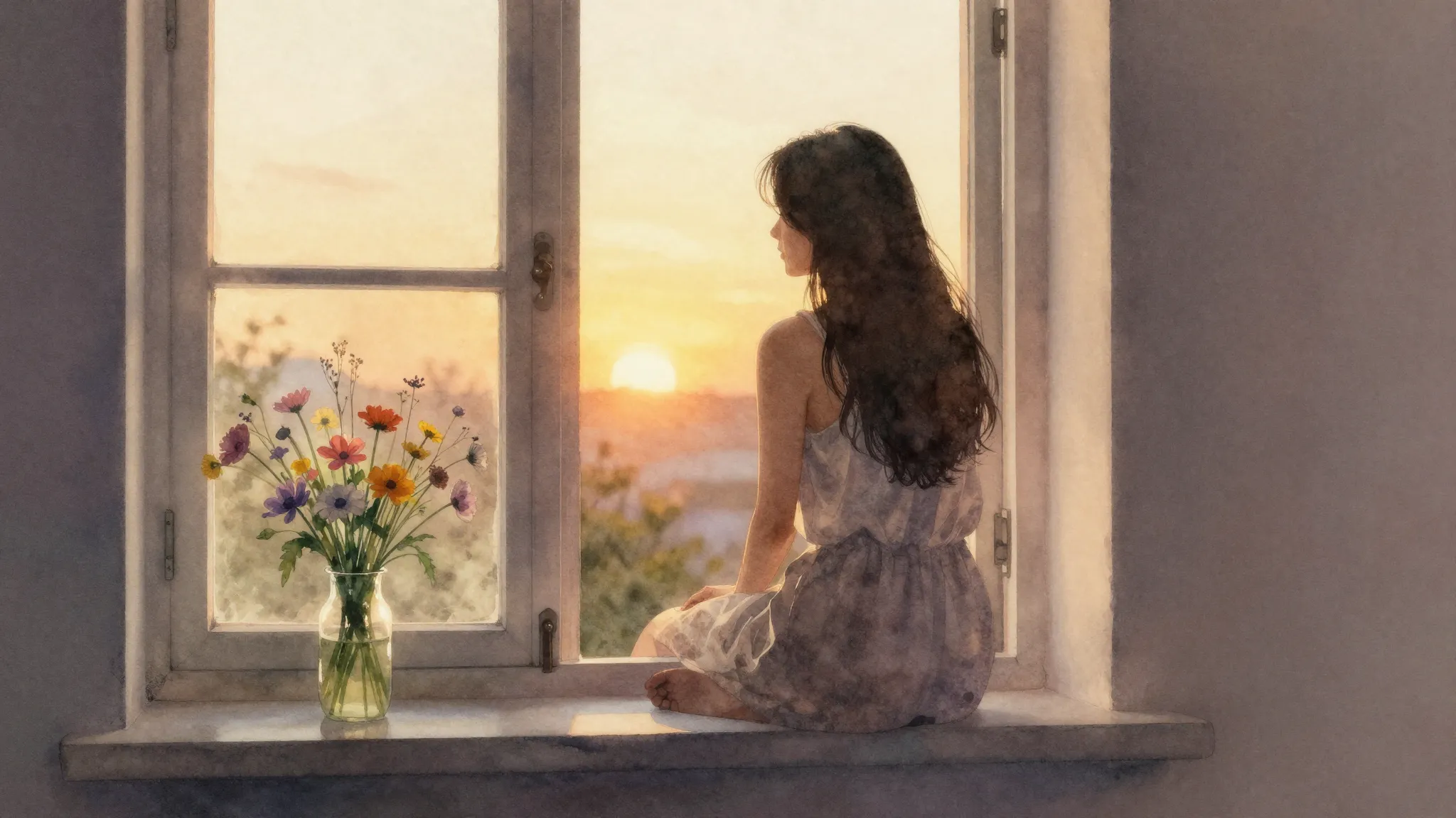 Watercolor style. A silhouette of a woman sitting by a windo...