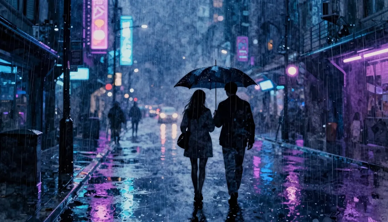 Watercolor style. A dark city street at night under heavy ra...