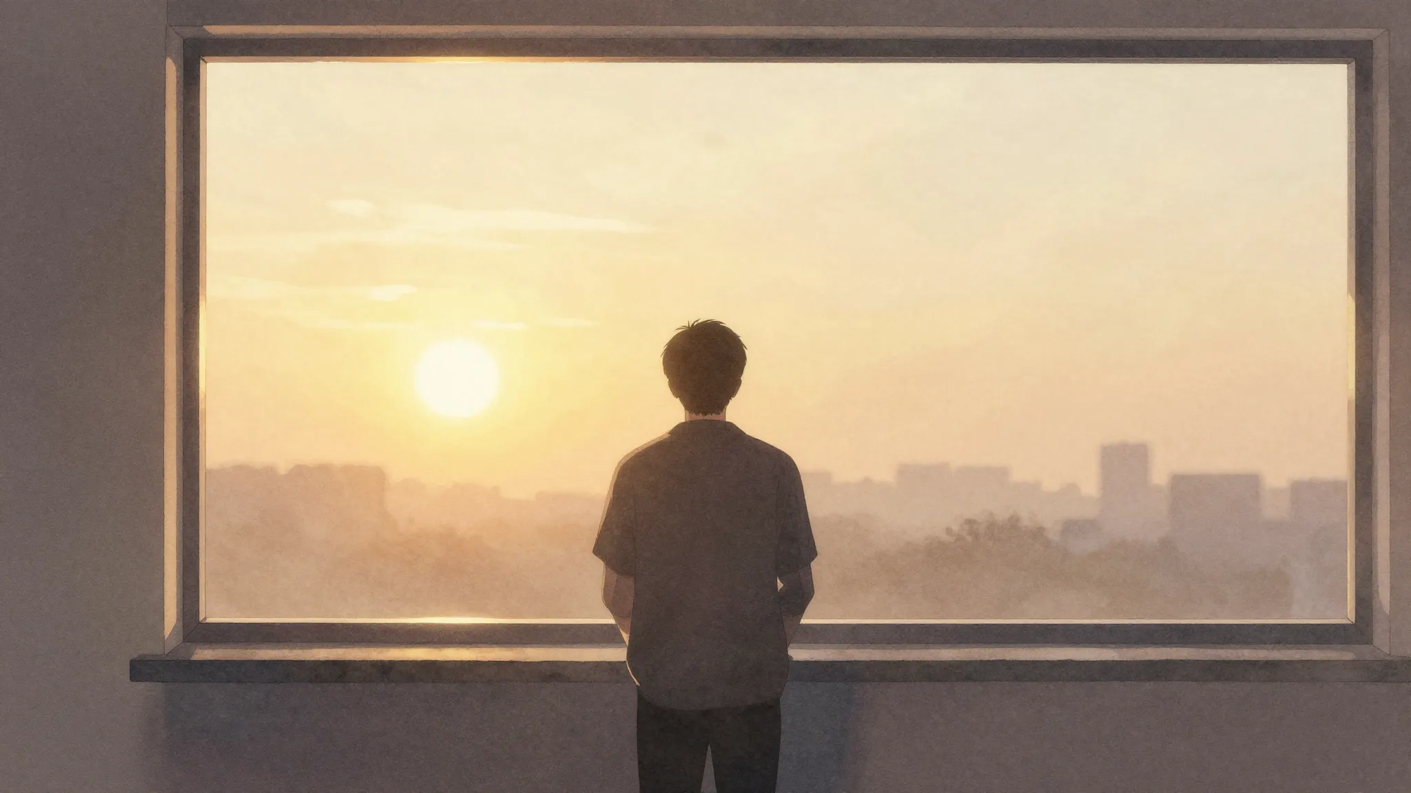 Watercolor style. Silhouette of a person standing by a large...