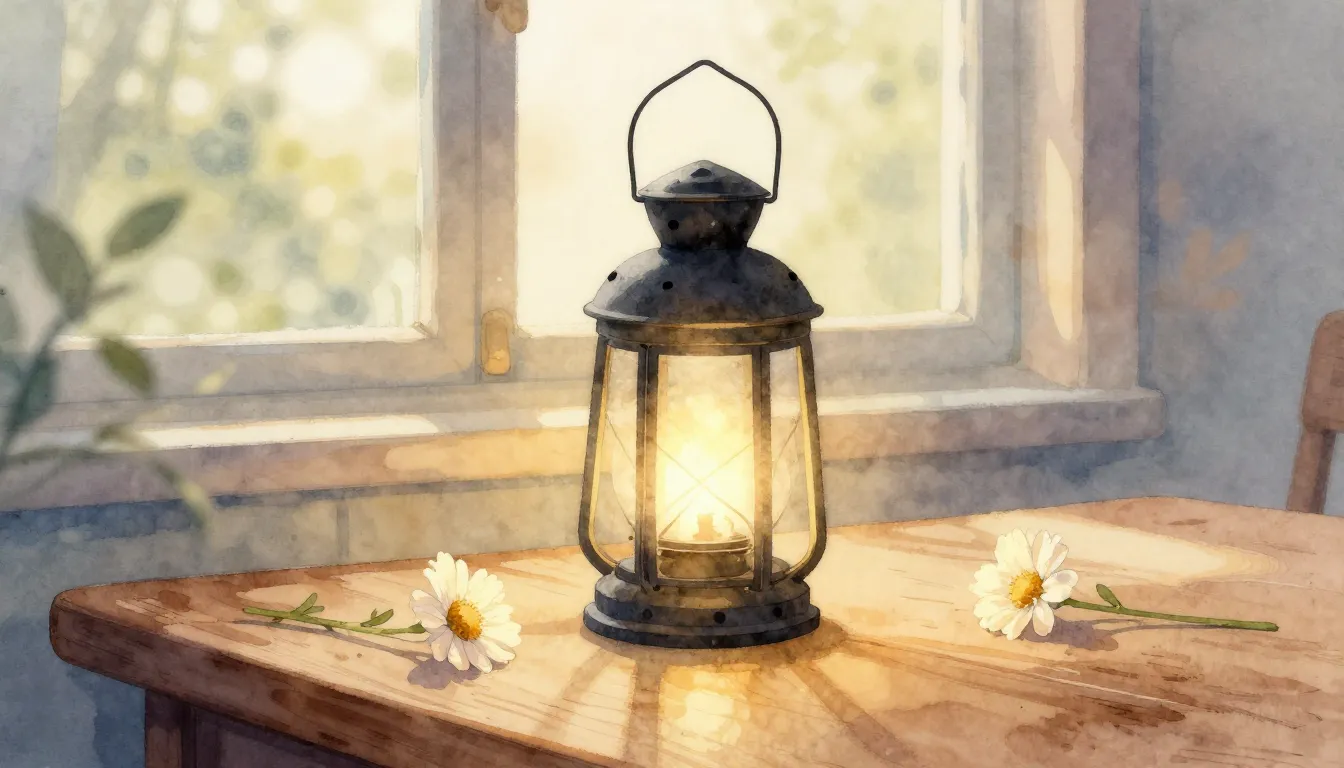 Watercolor style. A cozy aesthetic scene with a glowing lant...