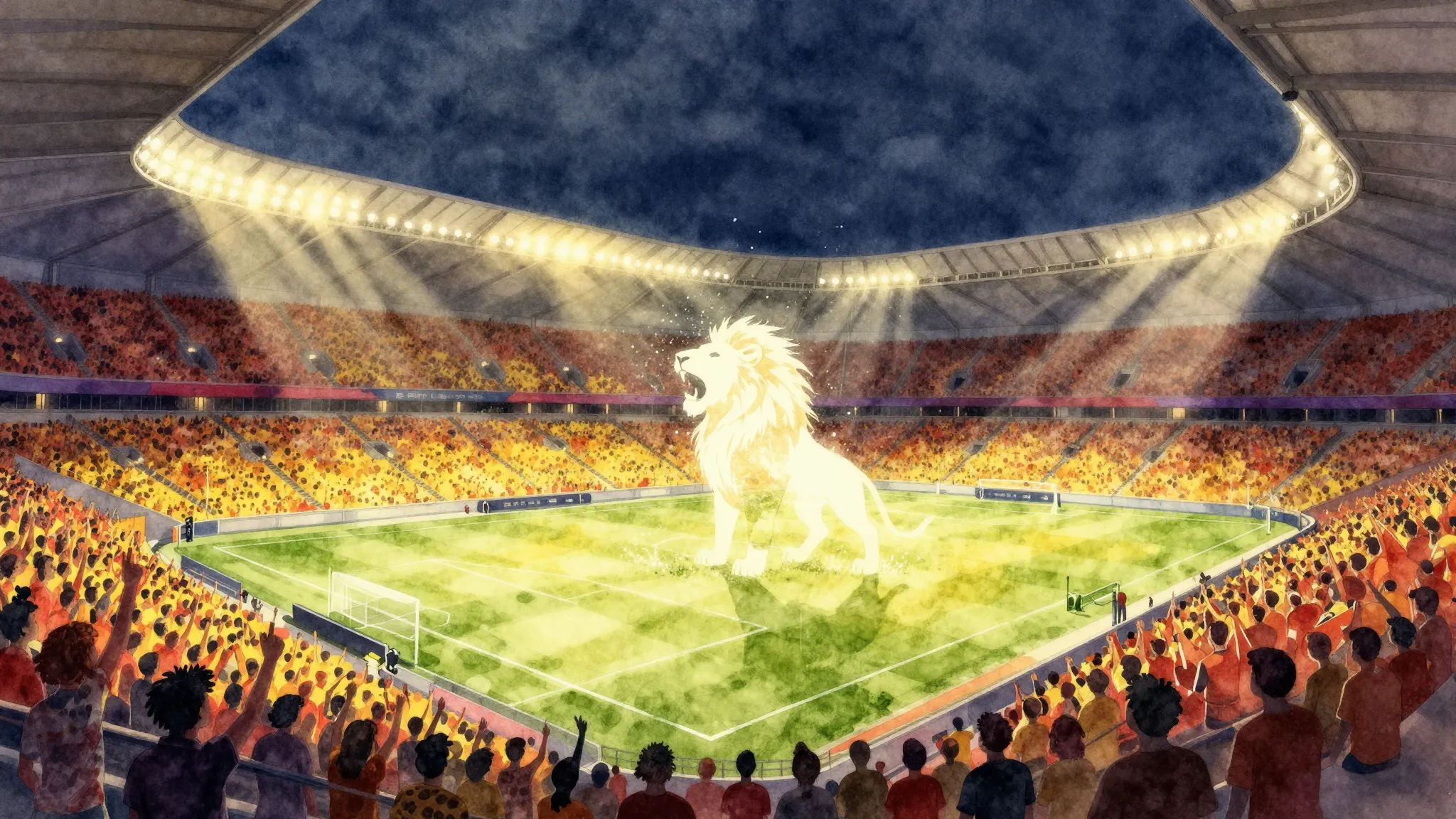 Watercolor style. A vibrant football stadium at night, illum...