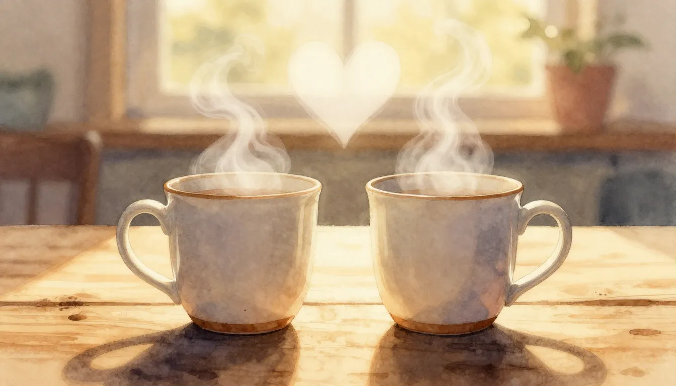 Watercolor style. Two steaming ceramic mugs on a wooden tabl...
