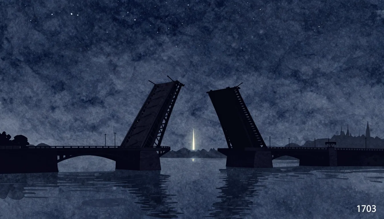 Watercolor style. A dark silhouette of a raised drawbridge o...