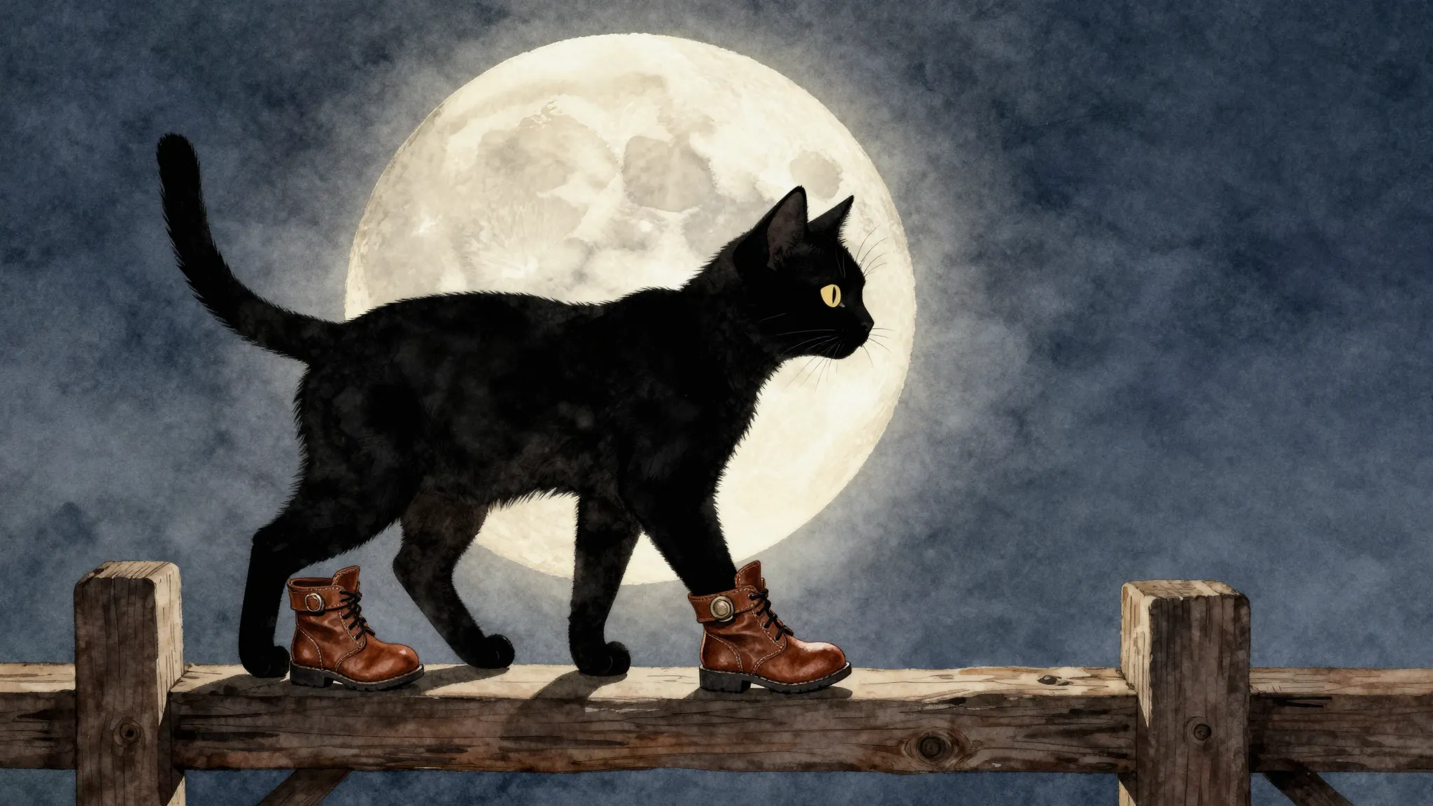 Watercolor style. Silhouette of a cat wearing miniature leat...