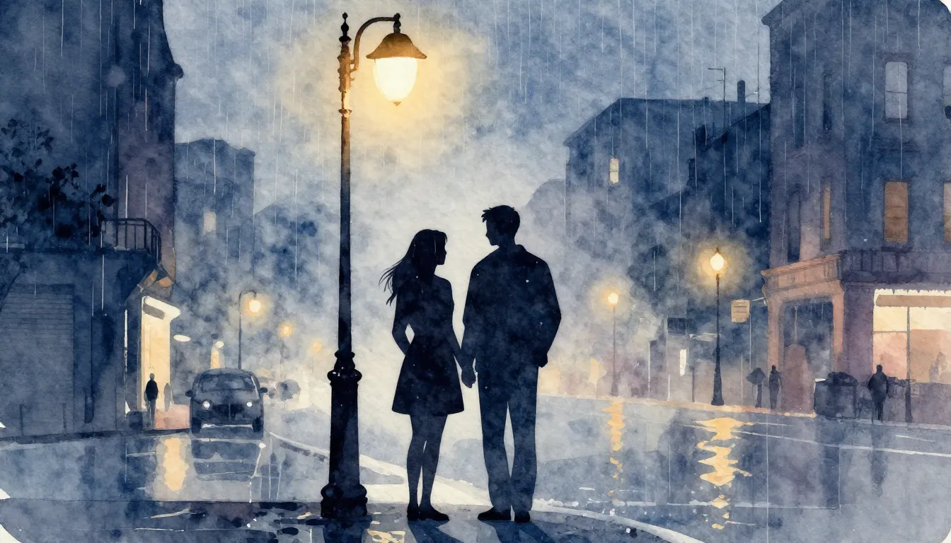 Watercolor style. Two silhouettes standing close under a str...