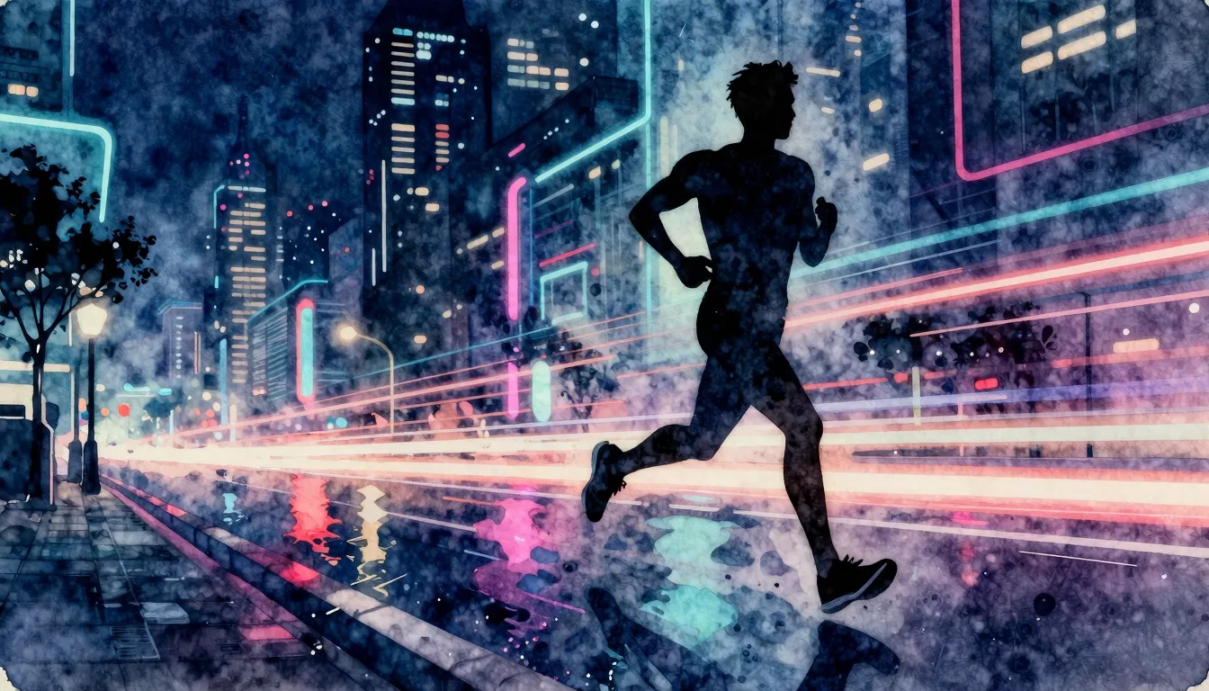 Watercolor style. Silhouette of a runner on a futuristic neo...
