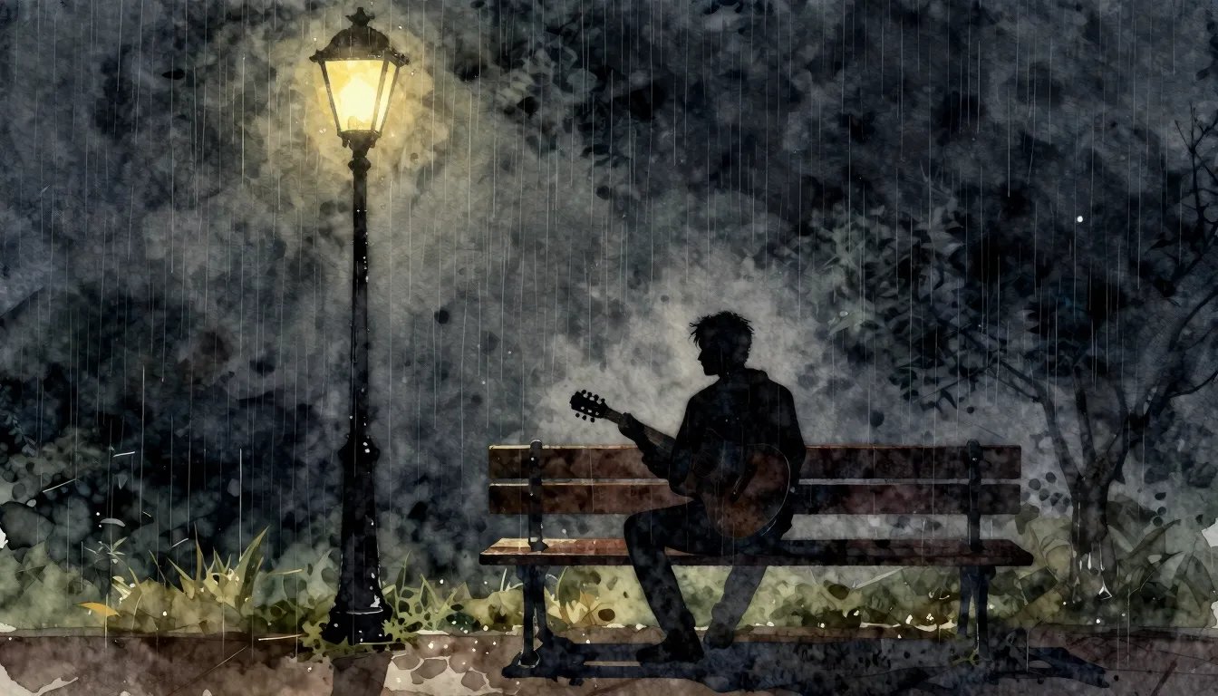Watercolor style. Silhouette of a man with a guitar sitting ...
