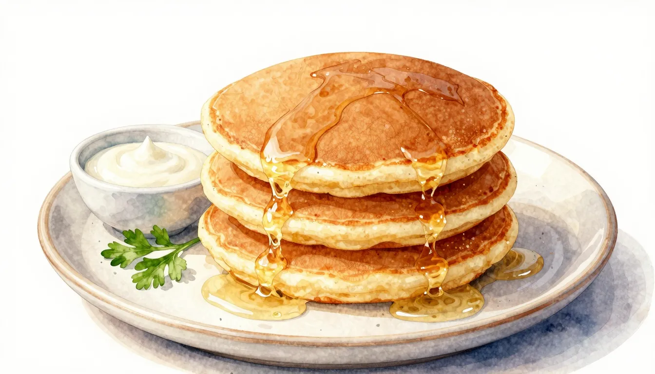 Watercolor style. A stack of two large stuffed pancakes on a...