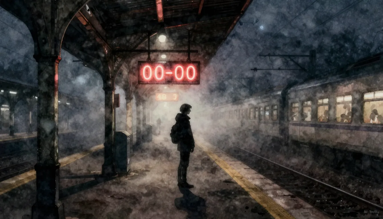 Watercolor style. Dark misty train station at night, glowing...